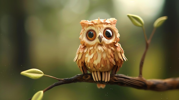 A cute owl with big eyes is sitting on a branch The owl is looking at the camera with a curious expression