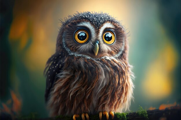 Cute owl with big eyes looks curious