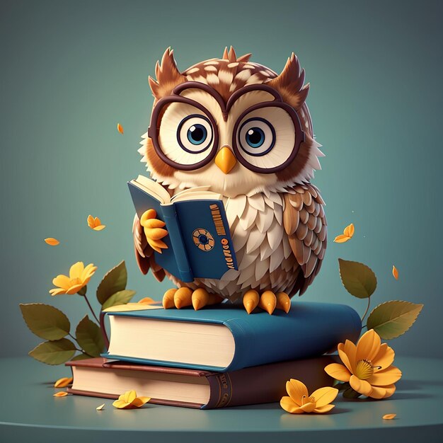 Cute owl with book cartoon illustration