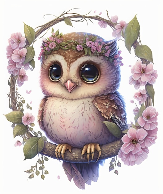Cute owl with floral wreath