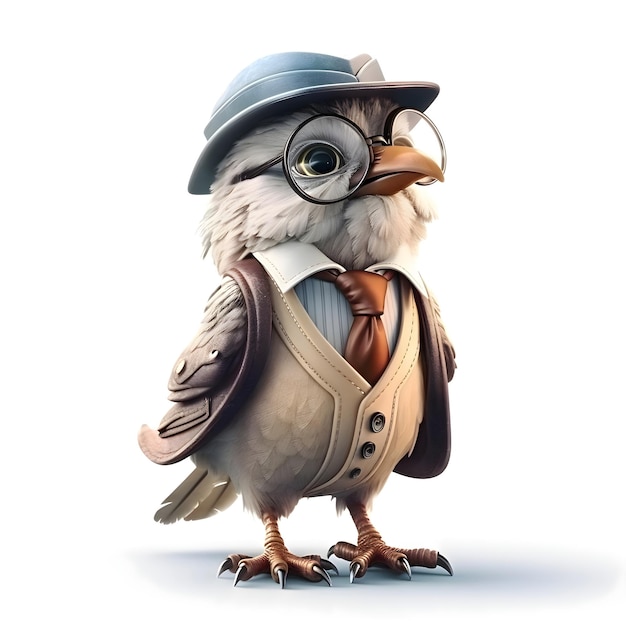 Cute owl with glasses and a hat on a white background