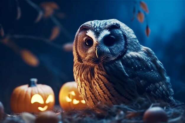 夜のシーンにハロウィーンのカボチャを持つかわいいフクロウ