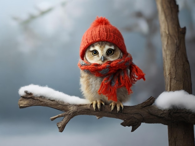 Foto un cucciolo carino con un cappello e una sciarpa seduto su un ramo innevato d'inverno