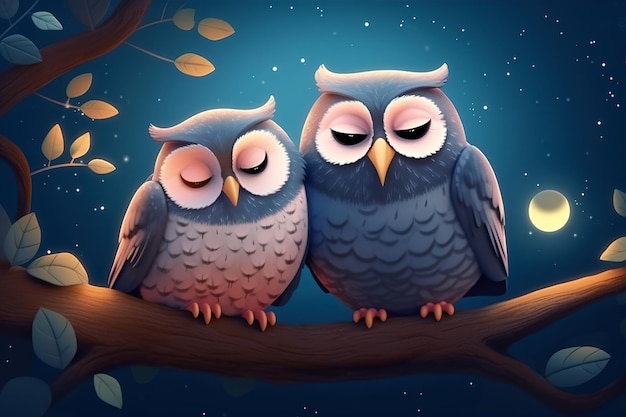 Cute owls sitting on a tree branch at night with a full moon