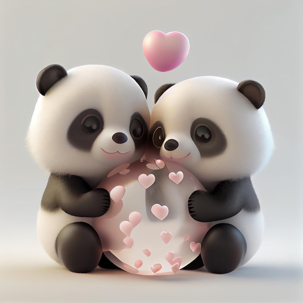 Cute panda bear couple in love with hearts 3d render cartoon illustration