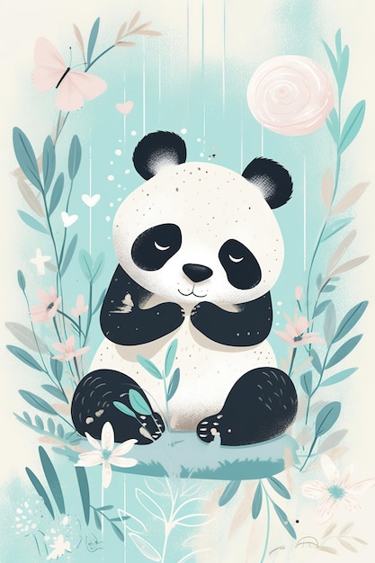 Photo cute panda bear sitting among flowers and plants scandinavian style children's illustration