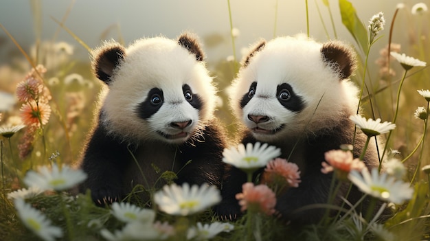 Photo cute panda bear sitting inside flower garden ai generated image