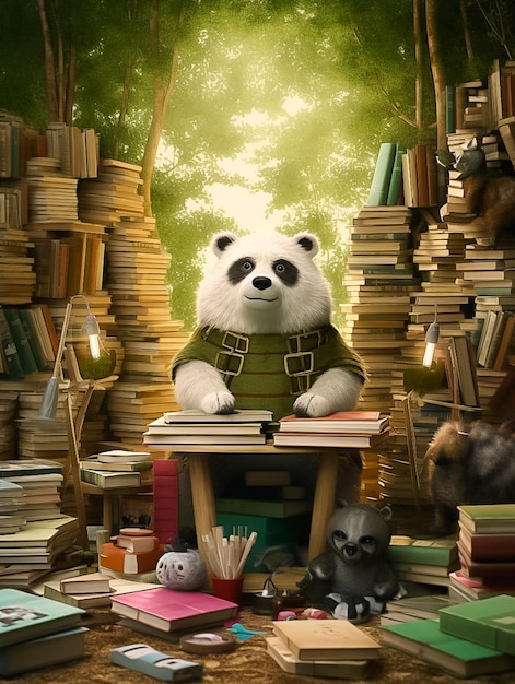 フィールドの背景にさまざまなサイズと色の本に囲まれたかわいいパンダのクマ Ai が生成