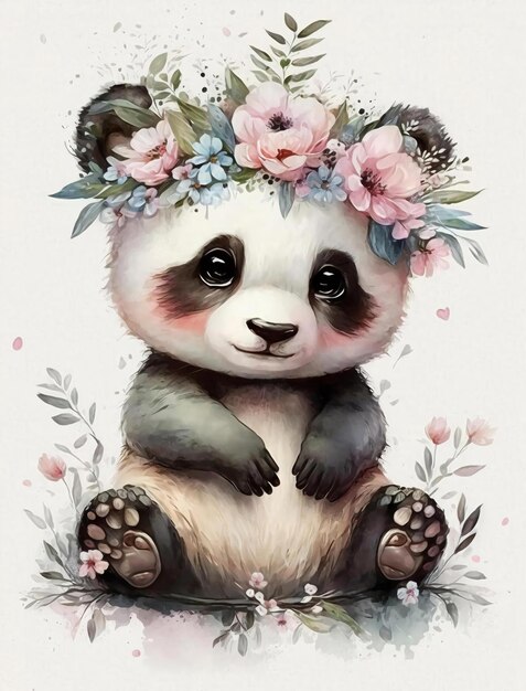 A cute panda bear with a flower crown.