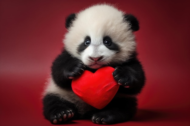 Cute panda bear with red heart on a red background Adorable newborn panda holding red heart Valentine's day HDR AI Generated