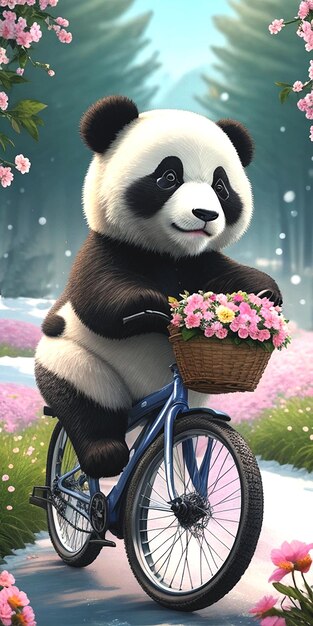 Foto carina bicicletta panda con cesto di fiori ia generativa