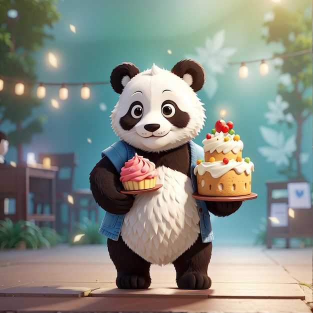 Foto un panda carino che porta una torta in mano