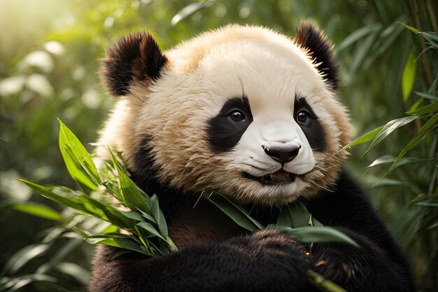 Foto carino cucciolo di panda che mangia foglie di bambù realistico ai generativo