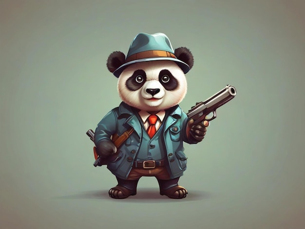 cute panda detective holding gun cartoon vector icon illustration