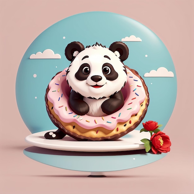 Cute panda in doughnut cartoon vector icon illustration animal food icon concept isolated premium vector flat cartoon style