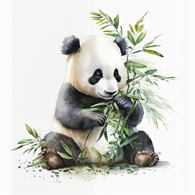 Cute panda eating bamboo leaves in watercolor painting