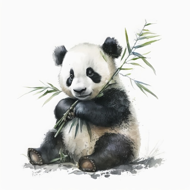 Cute panda eating bamboo leaves in watercolor painting