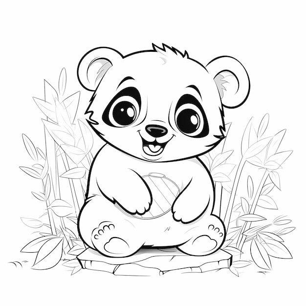 cute panda in forest cute eyes Pixar style simple outline and shapes coloring page