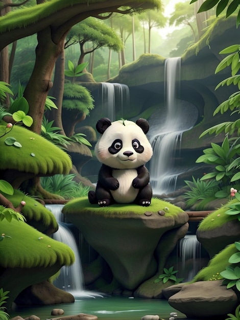 푸른 숲 속의 귀여운 팬더와 자연스러운 분위기 그는 손에 나뭇가지를 들고 있습니다