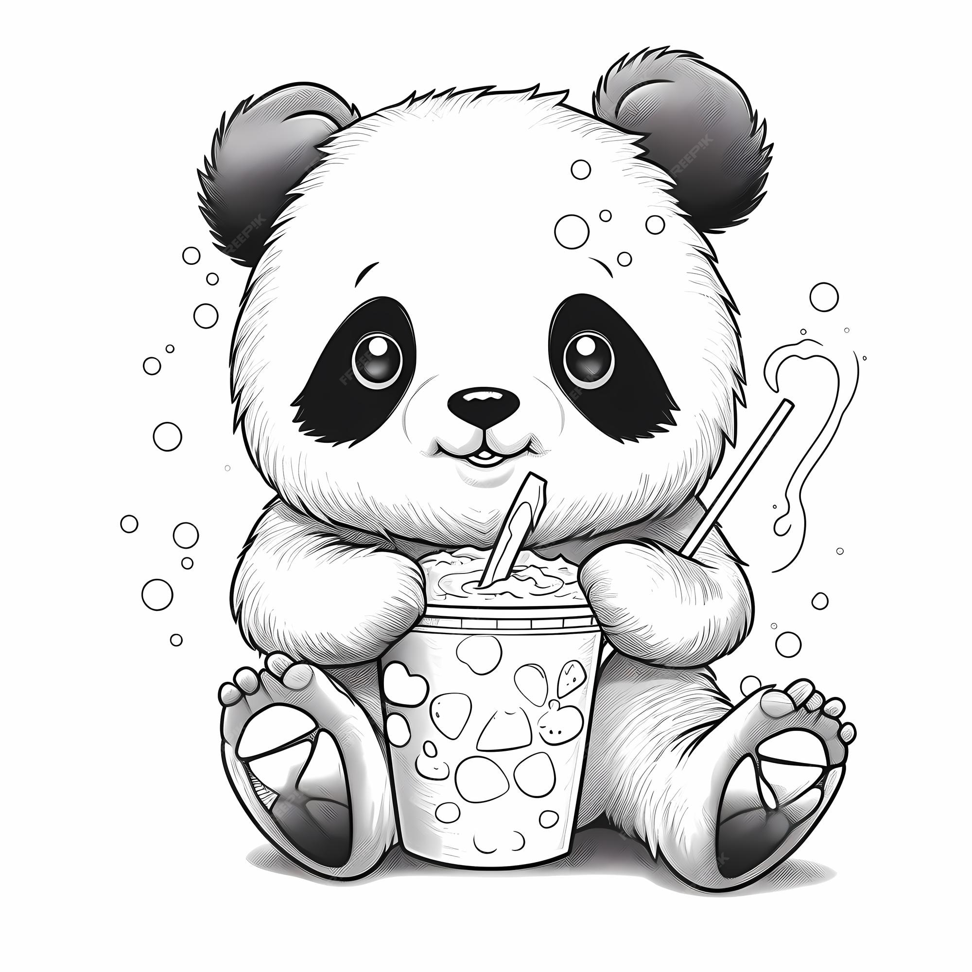 Premium AI Image | Cute panda holding a boba tea coloring page with no
