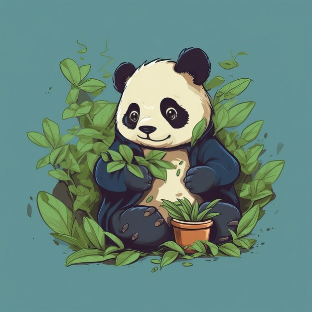 Cute Panda Munching Illustration of BambooLoving Panda Bear