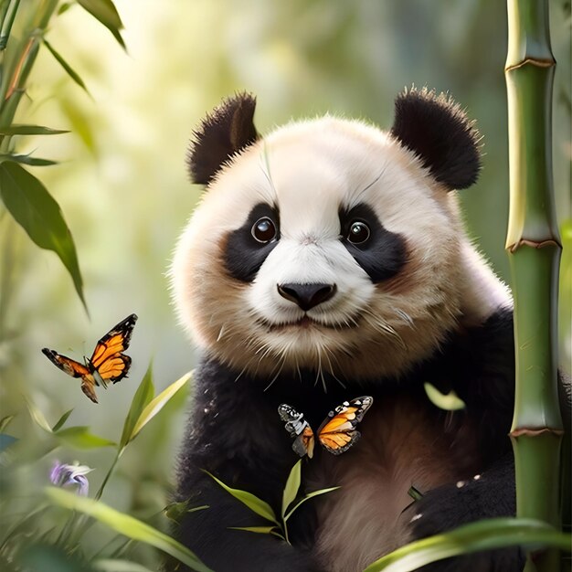 Cute Panda Playing With Butterfly And Flower