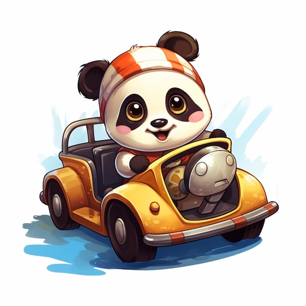 Cute panda riding car cartoon vector icon illustration animal transportation icon concept isolated