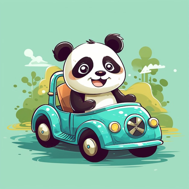 Cute panda riding car cartoon vector icon illustration animal transportation icon concept isolated