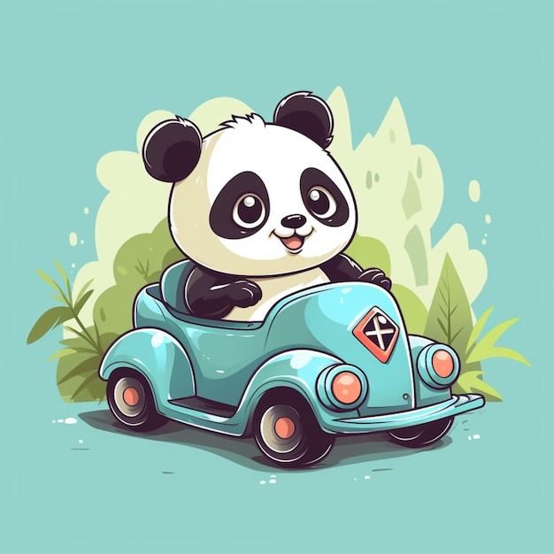 Cute panda riding car cartoon vector icon illustration animal transportation icon concept isolated