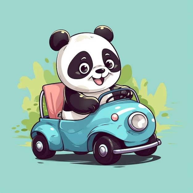 Cute panda riding car cartoon vector icon illustration animal transportation icon concept isolated