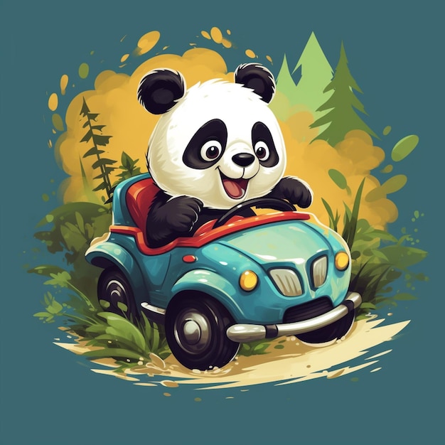 Cute panda riding car cartoon vector icon illustration animal transportation icon concept isolated