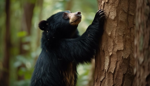 Foto un panda carino seduto su un ramo che mangia bambù in una foresta tropicale generato dall'intelligenza artificiale