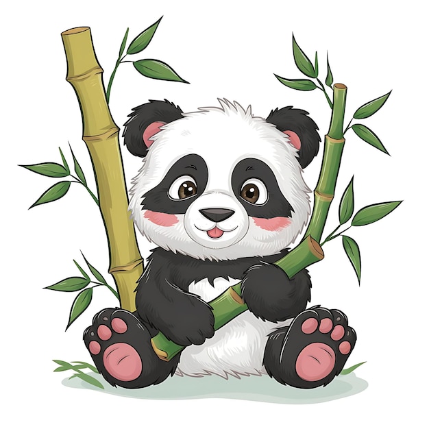 Photo a cute panda sitting and holding a bamboo stick