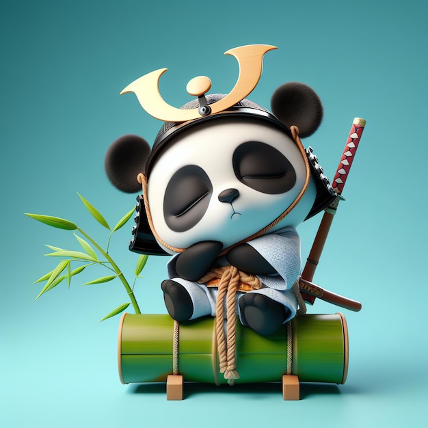 Photo cute panda sleeping bamboo illustration panda mascot 3d cartoon character animal