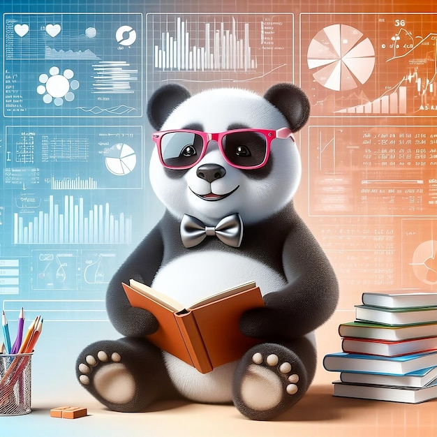 Foto sorriso panda carino con occhiali da sole leggere libri e risolvere analisi di dati matematici in concetto foto gratuita
