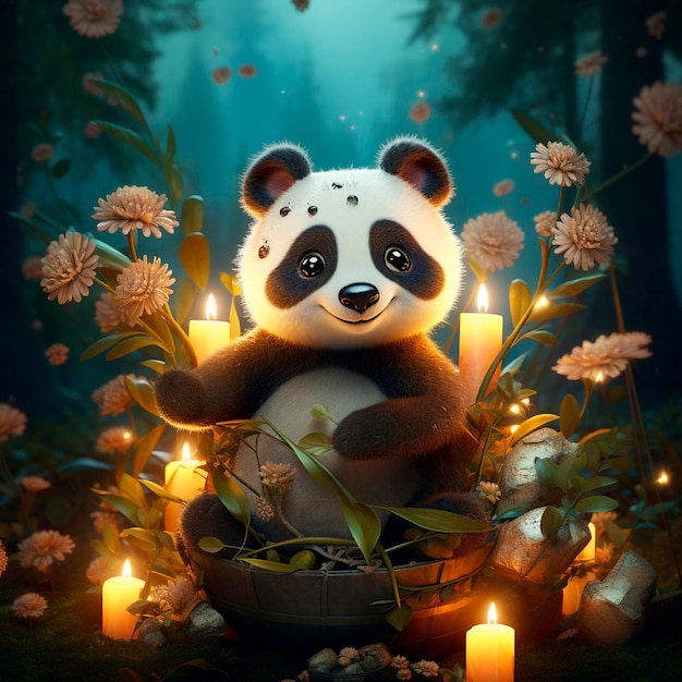 Foto un panda carino circondato da elementi ispirati da una bella illustrazione