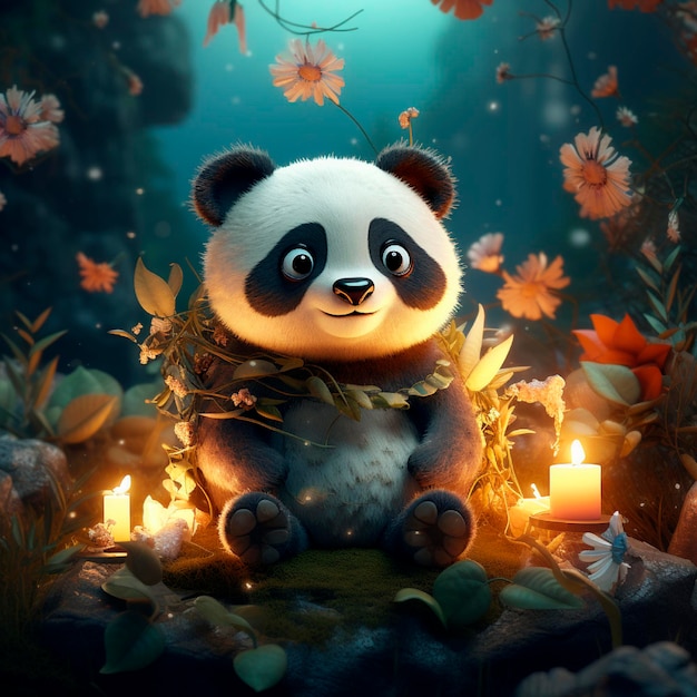 Милая панда, окруженная элементами, вдохновленными честной иллюстрацией.