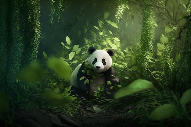 Милая панда в тропическом лесу