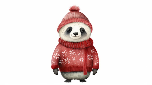 Cute panda watercolor illustration in Christmas style Funny animal in clothes