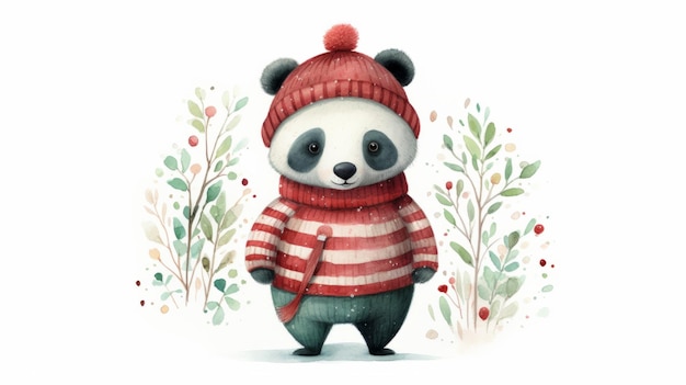 Cute panda watercolor illustration in Christmas style Funny animal in clothes