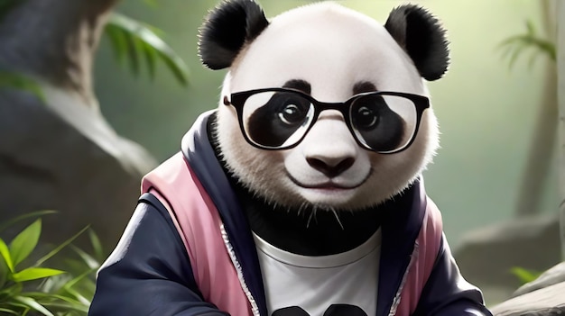 Foto un panda carino che indossa occhiali e vestiti