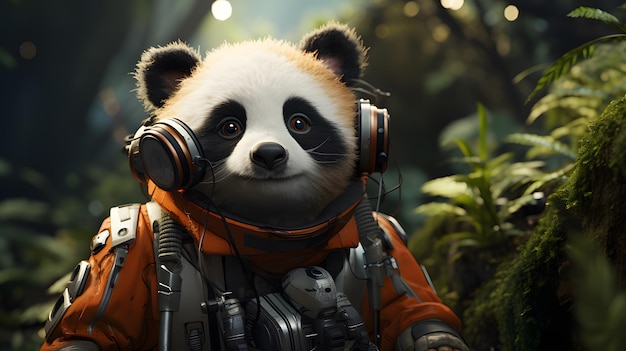 Photo cute panda wearing robot suit background generative ai