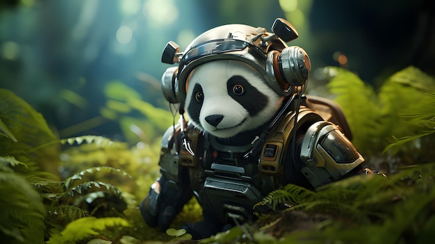 Cute panda wearing robot suit background Generative AI