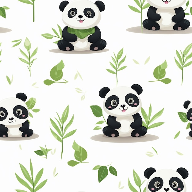 Cute panda with leafs pattern seamless on white background generative ai