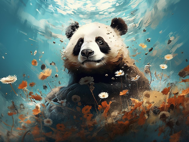 Cute panda with orange flowers painting