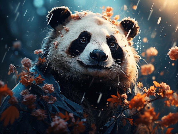 Cute panda with orange flowers painting