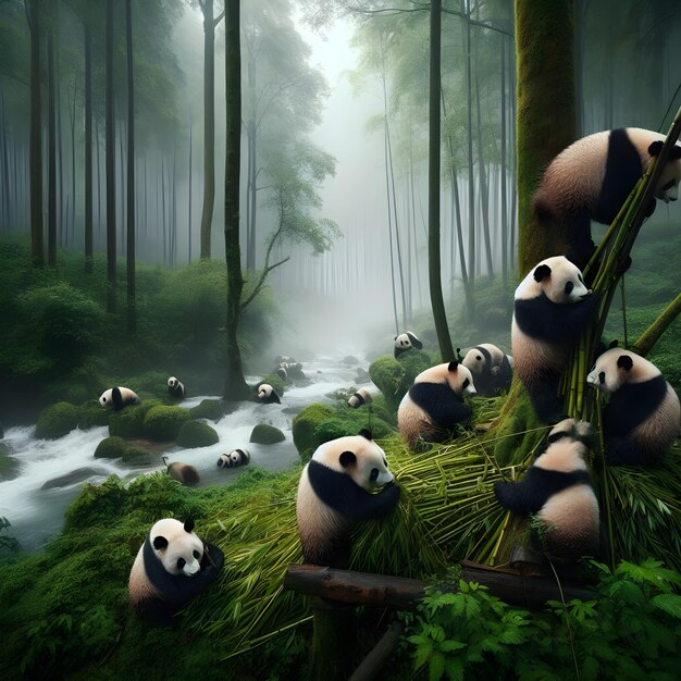 Cute pandas eat bamboos