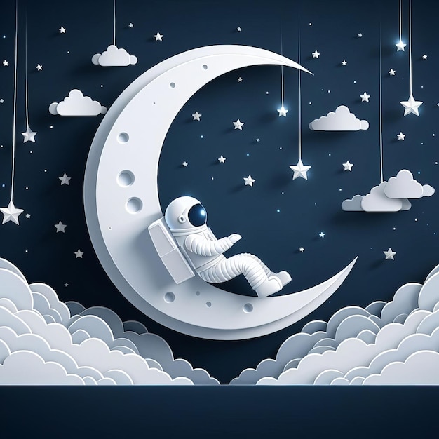 Photo cute paper art style of astronaut with moon illustration background generative ai