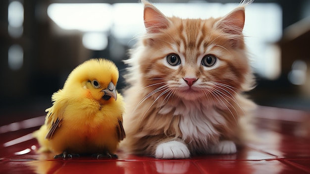 A cute parrot is over the head on a cute cat