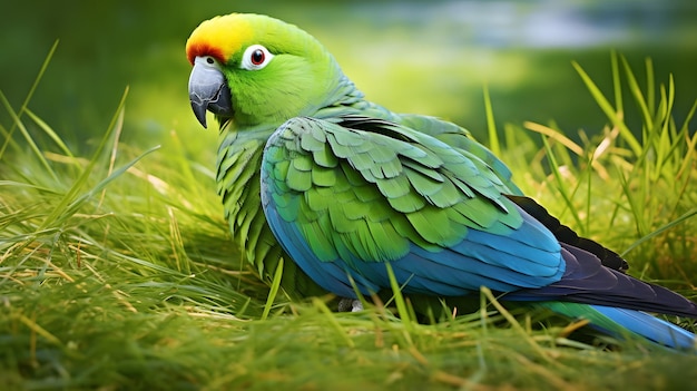 cute parrot lying on grass